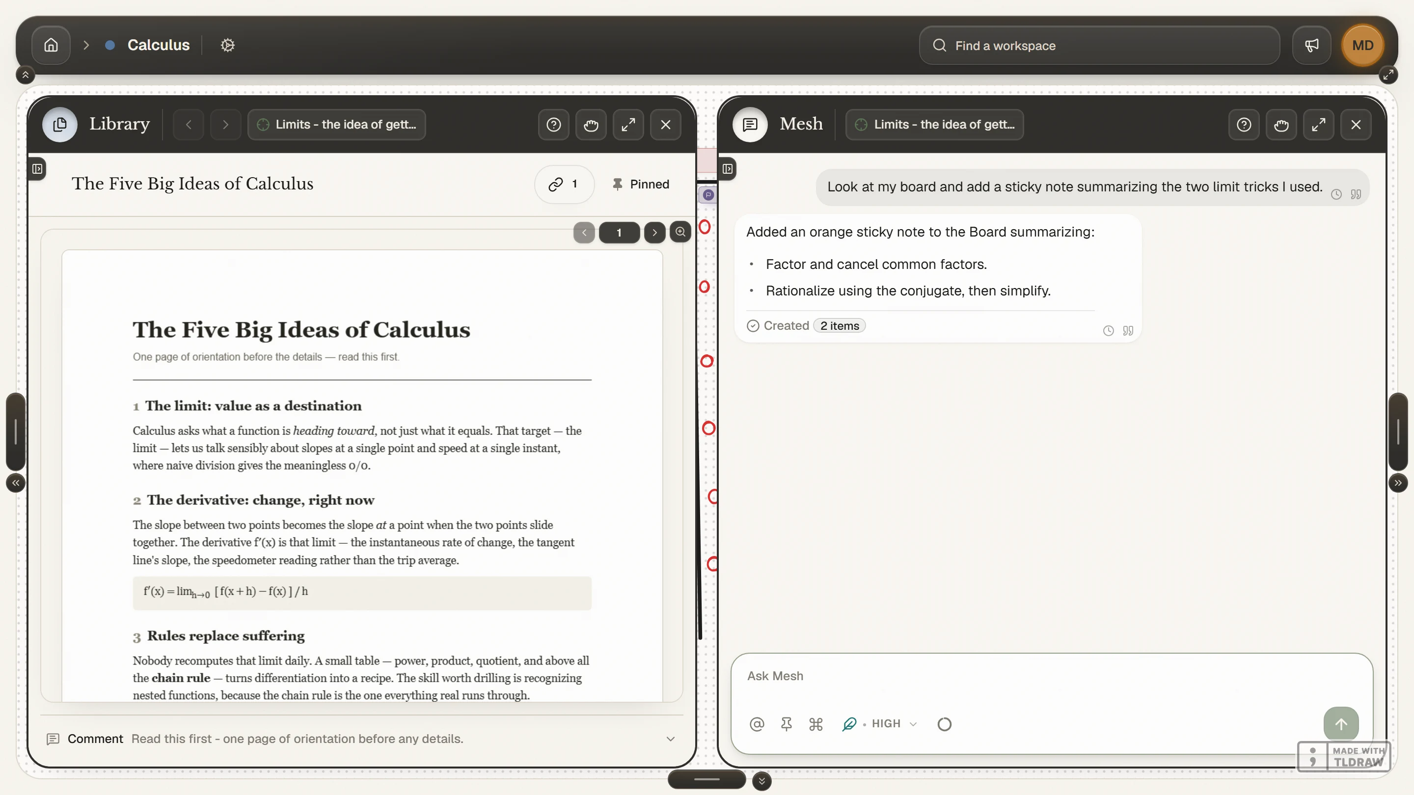 The Mesh Learning workspace with the textbook, handwritten board work, and Mesh open together on one screen.