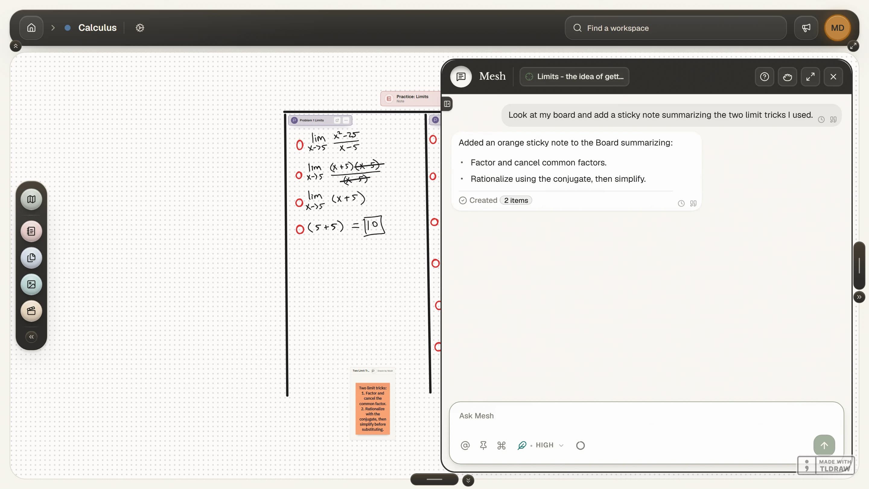 Mesh adding three formatted practice questions beside a pinned source on the Board, followed by a saved receipt in chat.